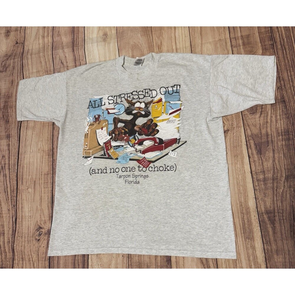 VTG All Stressed Out And No One To Choke Florida Cat T Shirt Adult Mens XL Gray